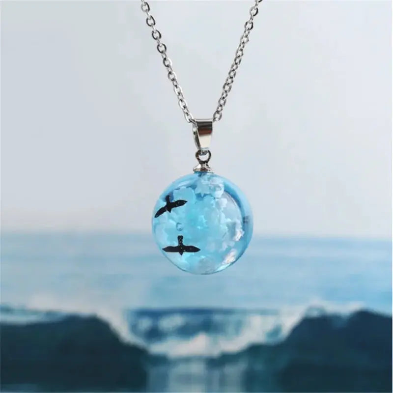 Chic Transparent Luminous Resin Round Ball Pendant Necklace Women Men Fashion Blue Sky Clouds Birds Necklace Jewelry theelegancejewellery