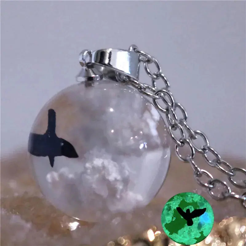 Chic Transparent Luminous Resin Round Ball Pendant Necklace Women Men Fashion Blue Sky Clouds Birds Necklace Jewelry theelegancejewellery