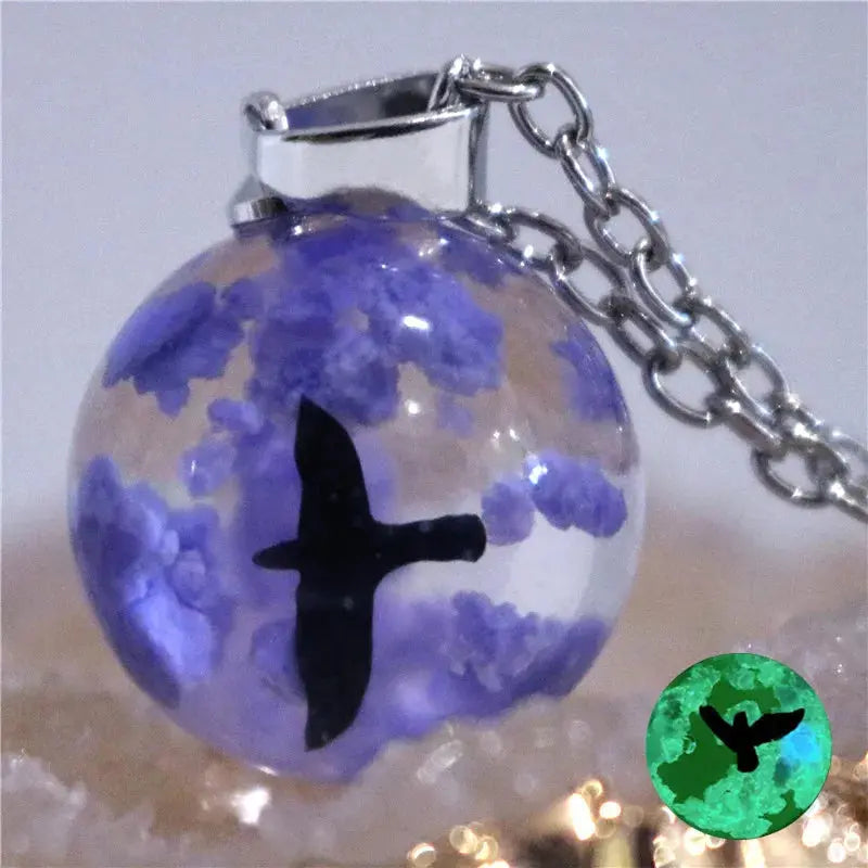 Chic Transparent Luminous Resin Round Ball Pendant Necklace Women Men Fashion Blue Sky Clouds Birds Necklace Jewelry theelegancejewellery