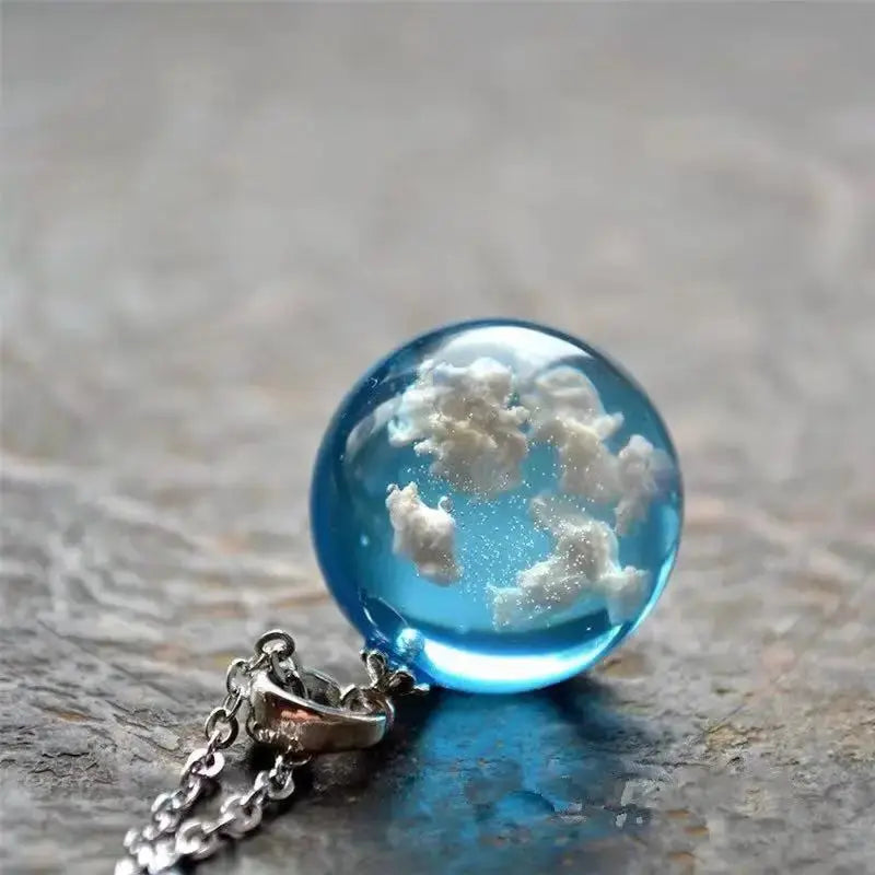 Chic Transparent Luminous Resin Round Ball Pendant Necklace Women Men Fashion Blue Sky Clouds Birds Necklace Jewelry theelegancejewellery