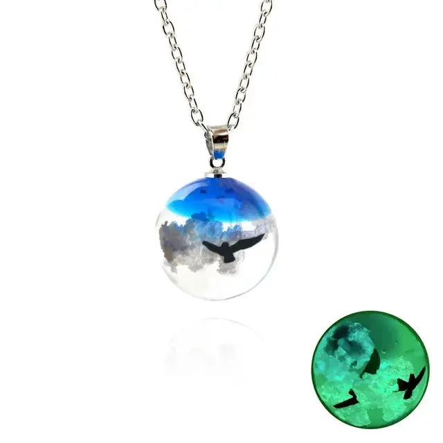 Chic Transparent Luminous Resin Round Ball Pendant Necklace Women Men Fashion Blue Sky Clouds Birds Necklace Jewelry theelegancejewellery