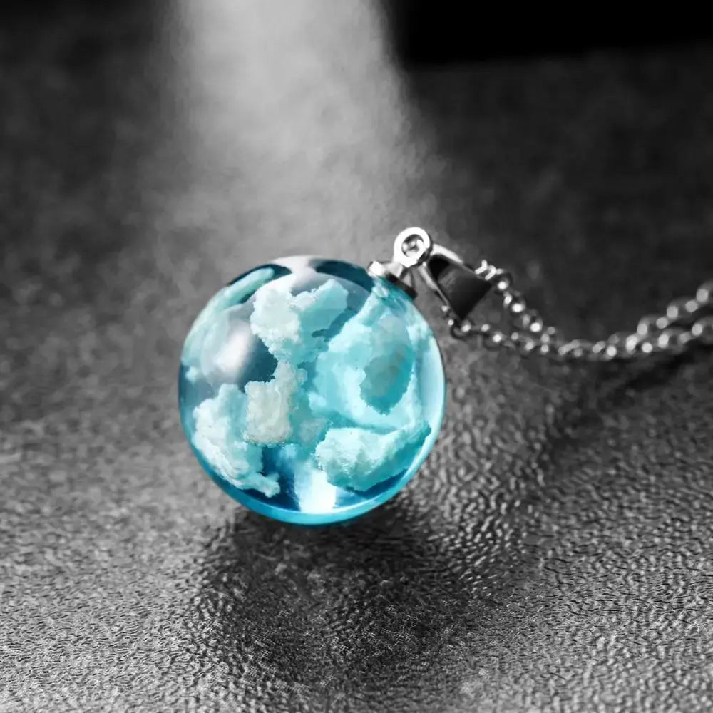 Chic Transparent Luminous Resin Round Ball Pendant Necklace Women Men Fashion Blue Sky Clouds Birds Necklace Jewelry theelegancejewellery