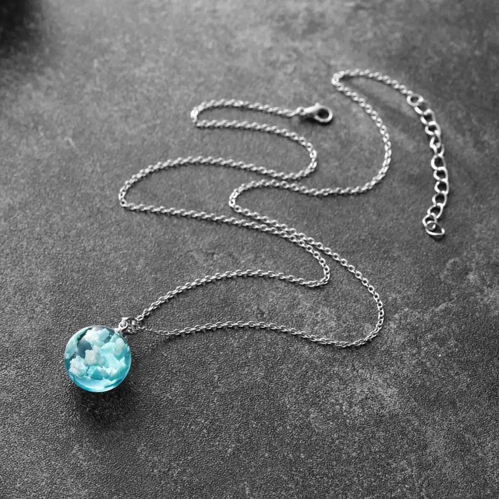 Chic Transparent Luminous Resin Round Ball Pendant Necklace Women Men Fashion Blue Sky Clouds Birds Necklace Jewelry theelegancejewellery
