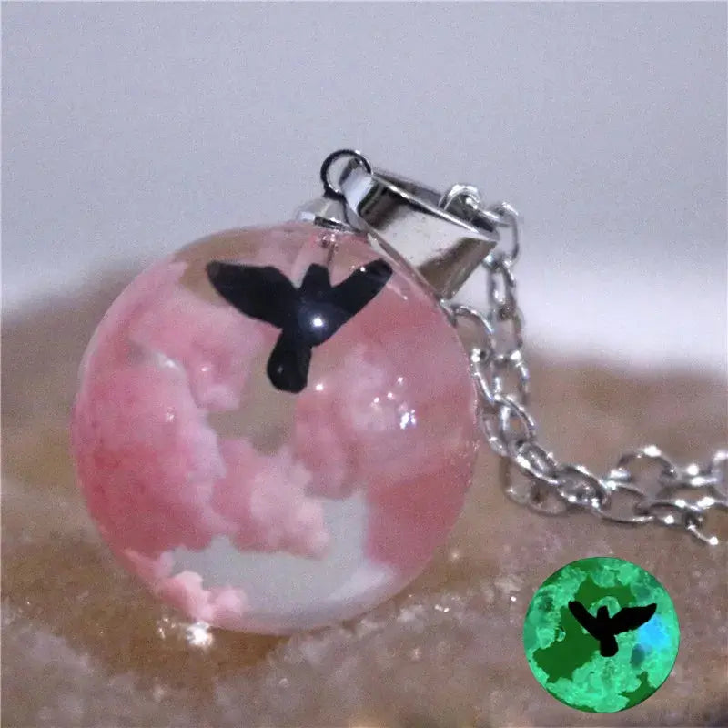 Chic Transparent Luminous Resin Round Ball Pendant Necklace Women Men Fashion Blue Sky Clouds Birds Necklace Jewelry theelegancejewellery