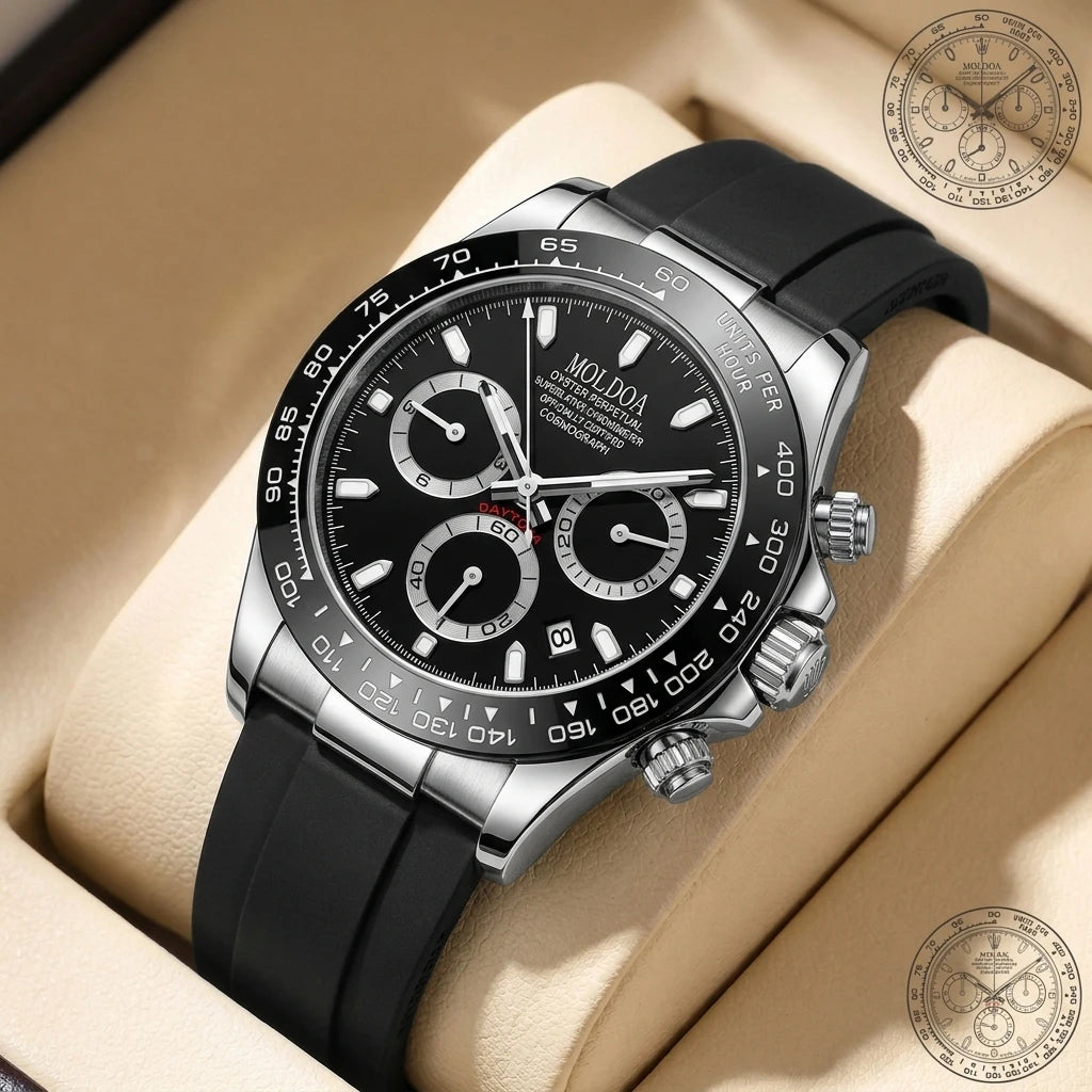 A men's silver and black business-casual niche three-dial calendar watch with a steel strap