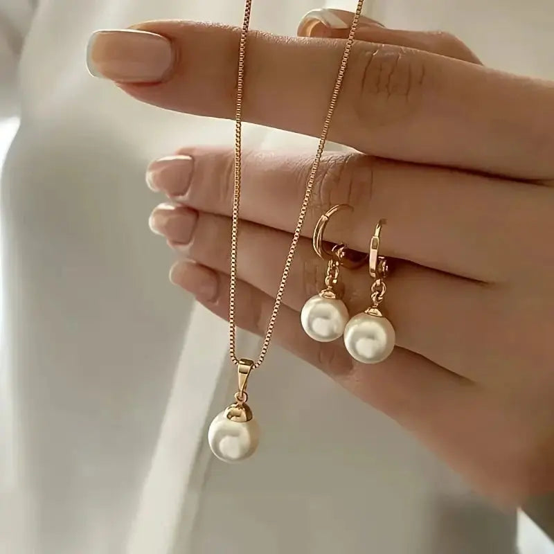 Fashion Elegant Imitation Pearl Pendant Jewelry Set for Women Vintage Gold Color Chain Necklace Earring Girl Wedding Party Gifts theelegancejewellery