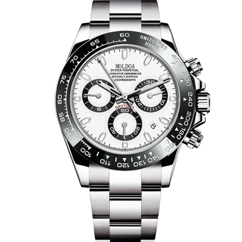 A men's silver and black business-casual niche three-dial calendar watch with a steel strap