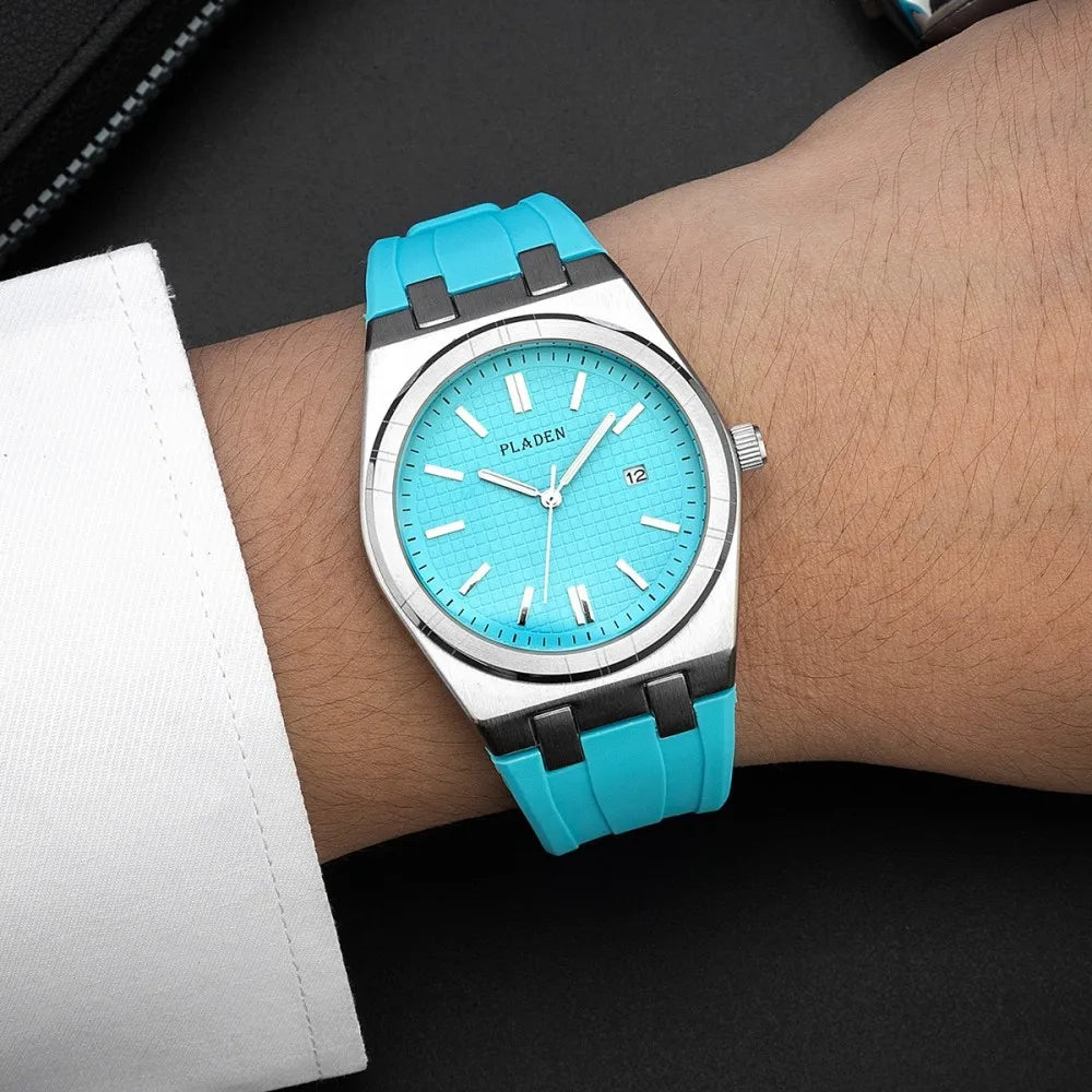 PLADEN Men's Blue Dial Quartz Watch with Silicone Strap Date Display Casual Sports Wristwatch Hot Sale For Gift ﻿