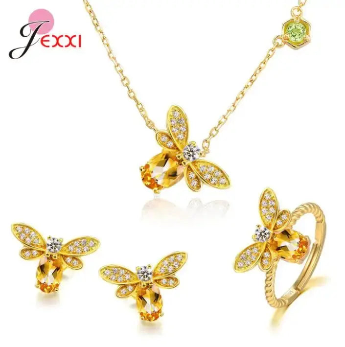 New Arrival Women Fashion Full Sets Bee Jewelry 925 Silver Trendy Gold Color Bracelet Earrings Pendant Necklace For Sale theelegancejewellery