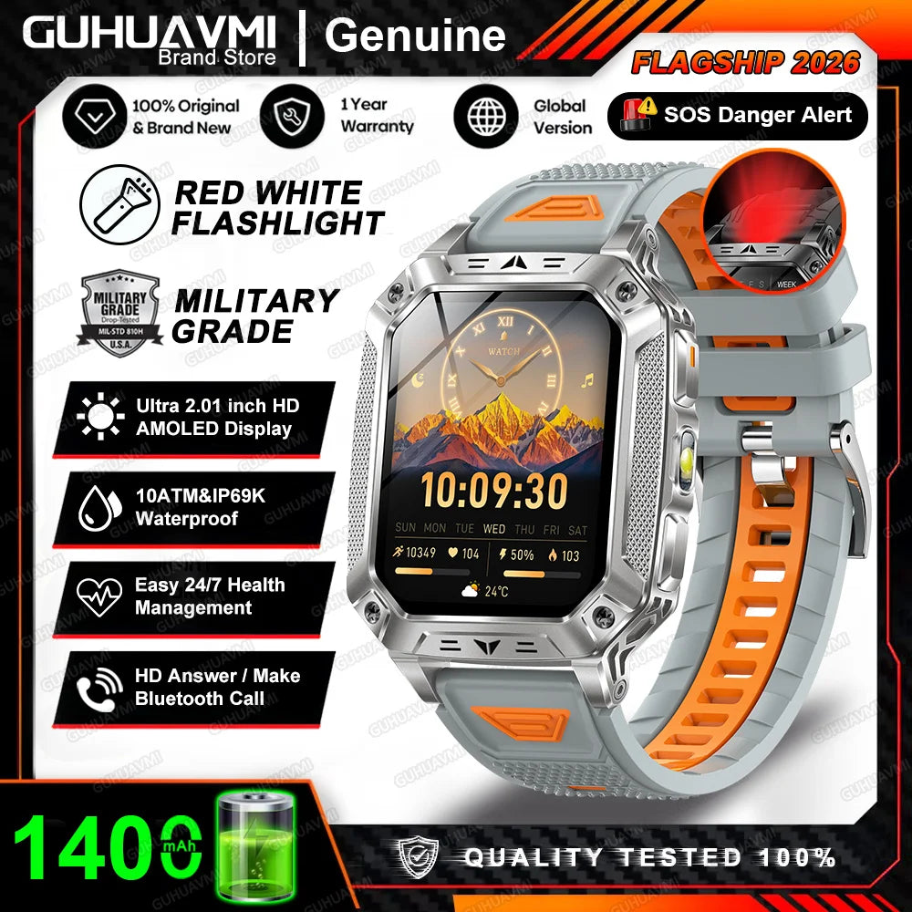 2026 New 1400mAh Big Battery Smart Watch Men Outdoor GPS Flashlight 10ATM Waterproof Bluetooth Call AMOLED HD Sports Smartwatch