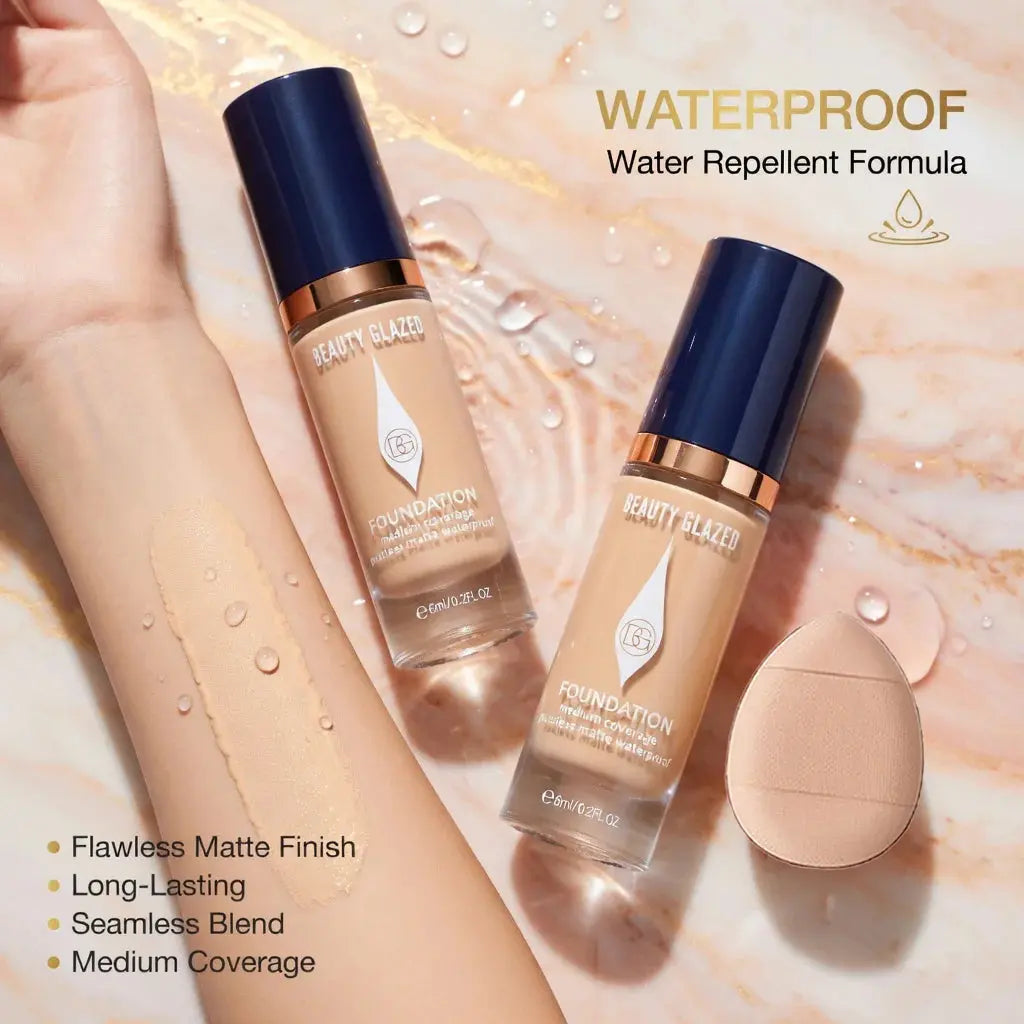 Face Foundation Makeup Set:2 Matte Foundation+1 Puff,Full Coverage,5 Shades,For All Skin Types,Long-Lasting Waterproof,Mini Size theelegancejewellery