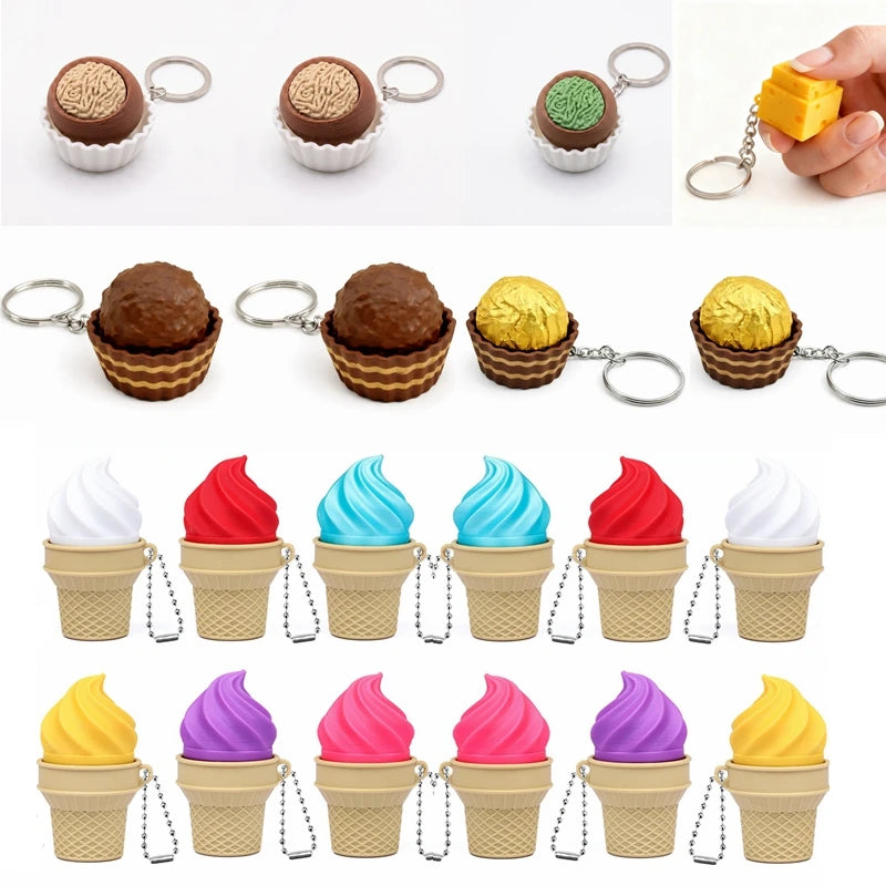 3D Printed Chocolate Keychain Stress Relief Clicker Fidget Keyring Ice-cream Dubai Cookies Press Button Decompressed Small Gift