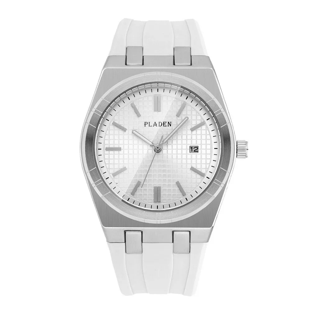 PLADEN Men's Blue Dial Quartz Watch with Silicone Strap Date Display Casual Sports Wristwatch Hot Sale For Gift ﻿