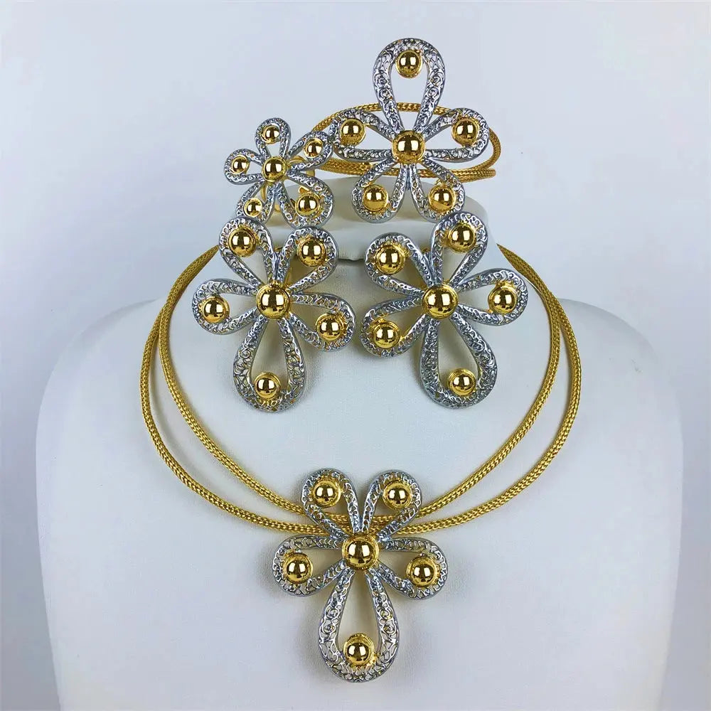 ESALE New Women Jewelry Two Tone Classic Design Necklace Set Flower Earrings Bracelet And Ring Full Set Jewelry Party Trending theelegancejewellery