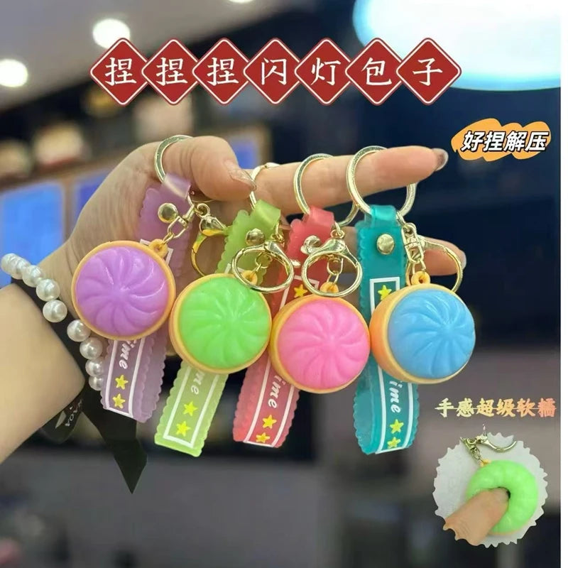 Squishy Dumplings Keychain Press Button Stress Relief Mini Keyboard Fidget Keyrings LED Lighting Hanging Bags Pendent Gifts
