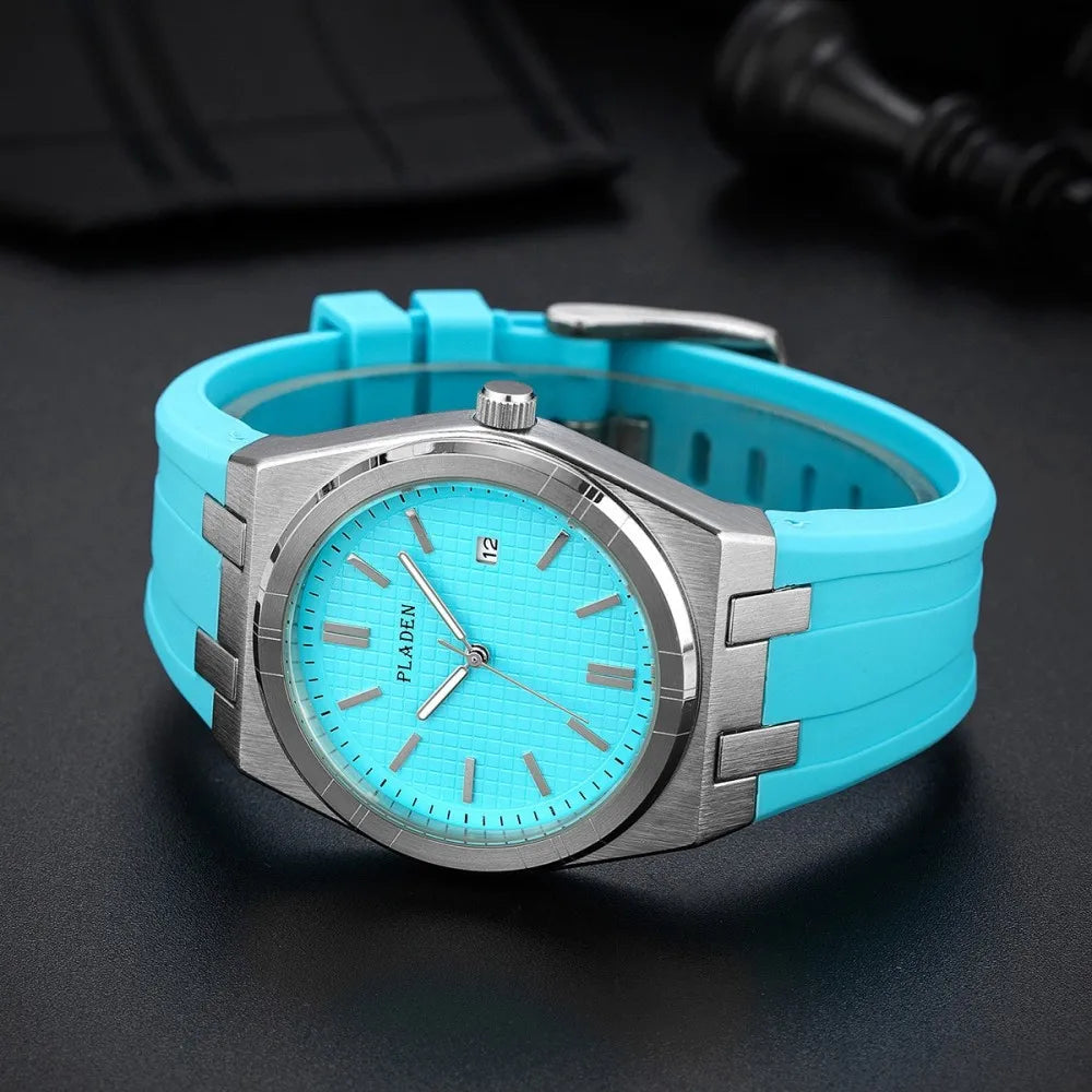 PLADEN Men's Blue Dial Quartz Watch with Silicone Strap Date Display Casual Sports Wristwatch Hot Sale For Gift ﻿