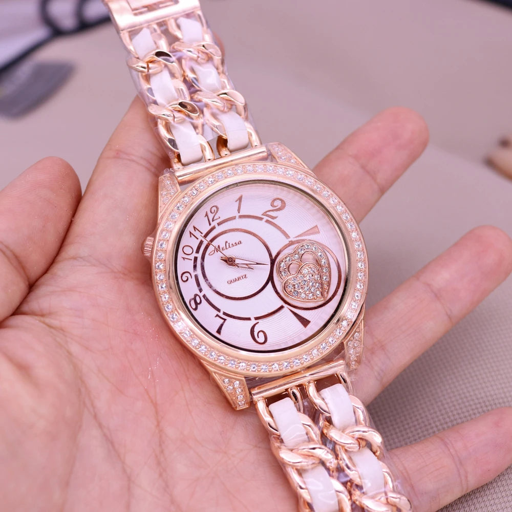 Sale Melissa Luxury Lady Women's Watch Rhinestone Crystal Fashion Hours Bracelet Real Leather Girl Birthday Gift