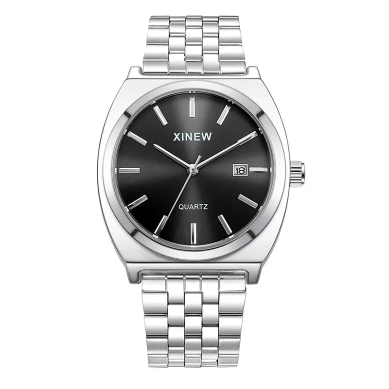 Genuine XINEW Brand Men Watches Silver Students Boys Fashion Full Stainless Steel Band Date Quartz Watch Relogios Masculinos