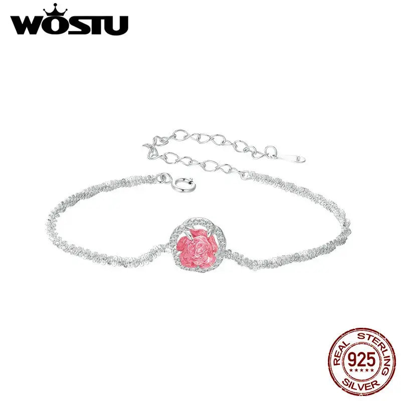 WOSTU 925 Sterling Silver Change Color Flower Link Bracelet Women Romantic Pink Rose Flowers Charm Bracelets Party Jewelry Gift EleganceJewellery