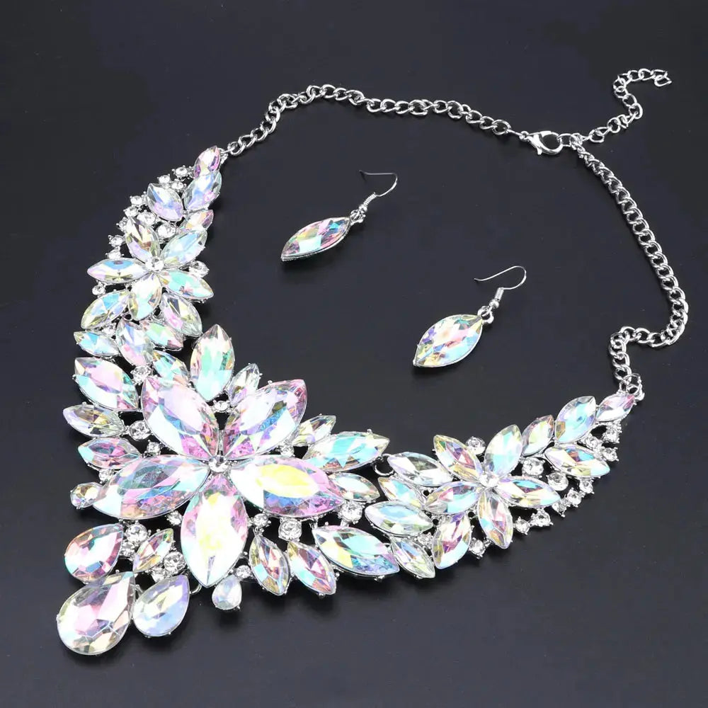 New Luxury Indian Bridal Jewelry Sets Wedding Party Costume Jewellery Womens Fashion Gifts Flower Crystal Necklace Earrings Sets theelegancejewellery