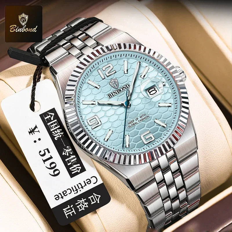BINBOND Top Business Men's Watches Stainless Steel Textured Luminous Dial Leisure Quartz Watch Waterproof Outdoor Sports Watch