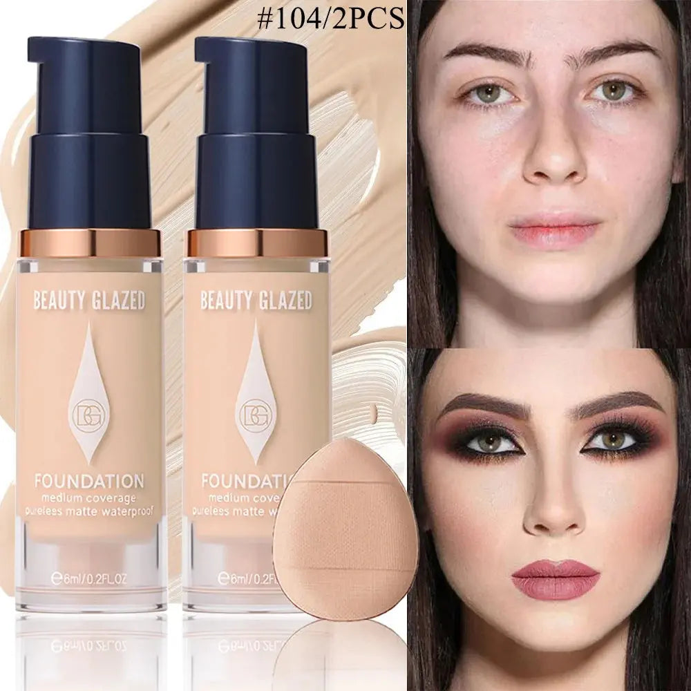 Face Foundation Makeup Set:2 Matte Foundation+1 Puff,Full Coverage,5 Shades,For All Skin Types,Long-Lasting Waterproof,Mini Size theelegancejewellery