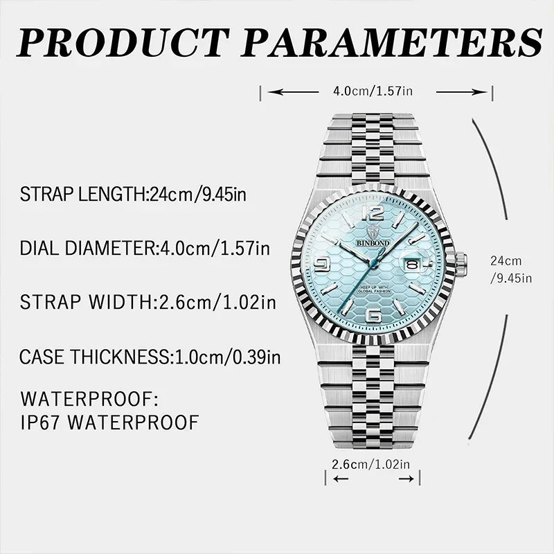 BINBOND Top Business Men's Watches Stainless Steel Textured Luminous Dial Leisure Quartz Watch Waterproof Outdoor Sports Watch