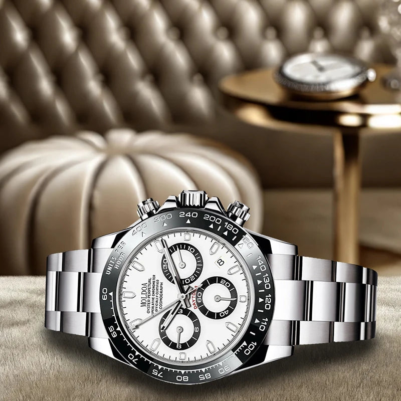 A men's silver and black business-casual niche three-dial calendar watch with a steel strap