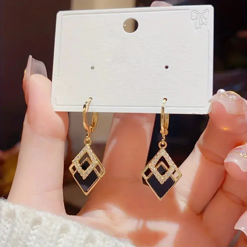 Trending Black Rhinestone Statement Earrings for Women  Korean Gold Color Buckle Pendants Hanging Designer Earrings Jewelry theelegancejewellery