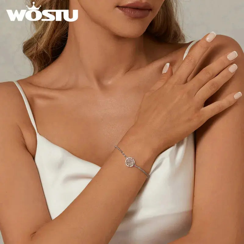 WOSTU 925 Sterling Silver Change Color Flower Link Bracelet Women Romantic Pink Rose Flowers Charm Bracelets Party Jewelry Gift EleganceJewellery