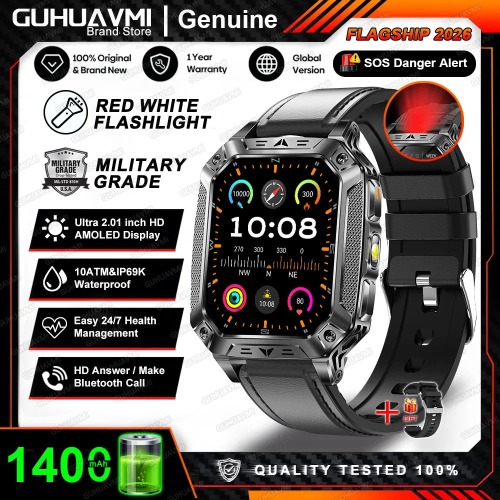 2026 New 1400mAh Big Battery Smart Watch Men Outdoor GPS Flashlight 10ATM Waterproof Bluetooth Call AMOLED HD Sports Smartwatch