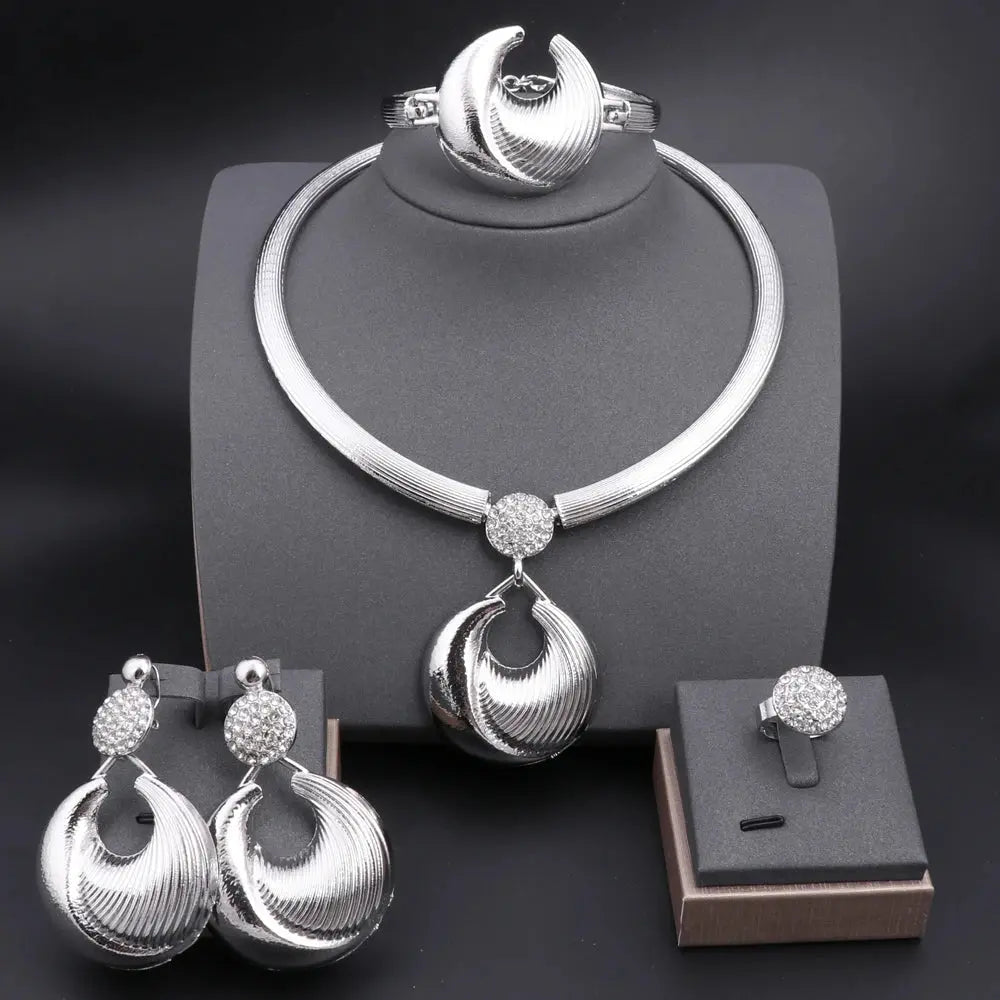 Dubai Jewelry Set For Women Silver Plated Luxury Necklace Earrings Bracelet And Ring Set Jewelry For Wedding Party Trending ﻿ theelegancejewellery