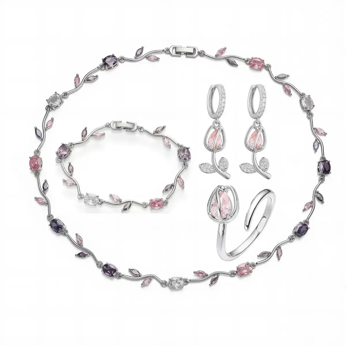 Exquisite Tulip Jewellery Set Includes (Earrings, Necklace, Bracelet, Ring) A Complete Evening Ensemble for the Lady theelegancejewellery