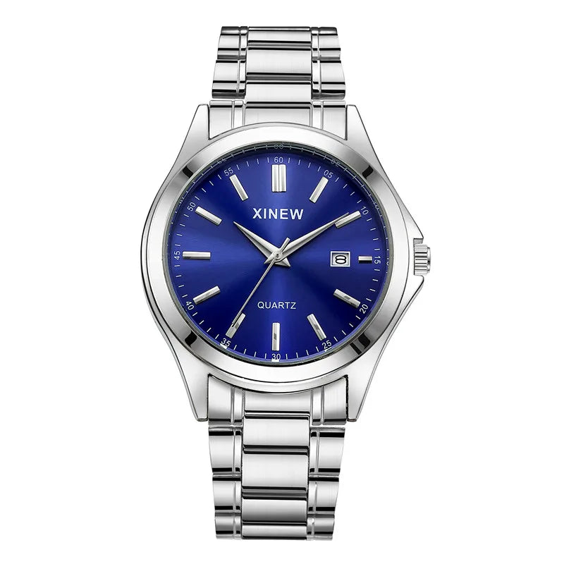 Genuine XINEW Brand Men Watches Silver Students Boys Fashion Full Stainless Steel Band Date Quartz Watch Relogios Masculinos
