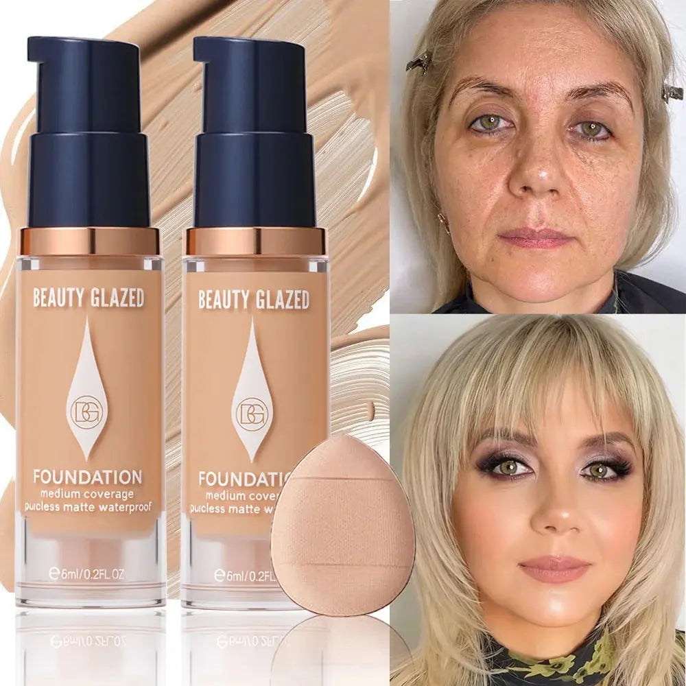 Face Foundation Makeup Set:2 Matte Foundation+1 Puff,Full Coverage,5 Shades,For All Skin Types,Long-Lasting Waterproof,Mini Size theelegancejewellery