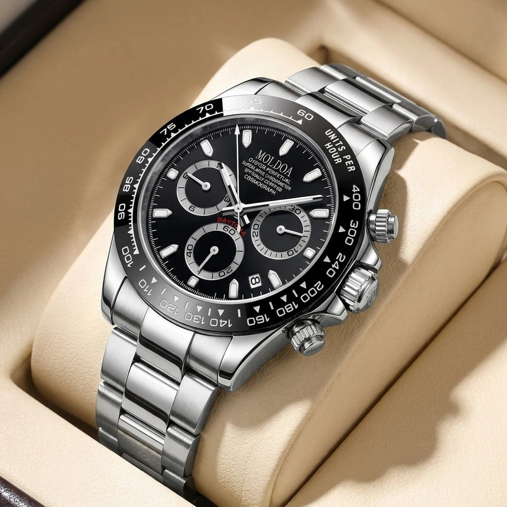 A men's silver and black business-casual niche three-dial calendar watch with a steel strap
