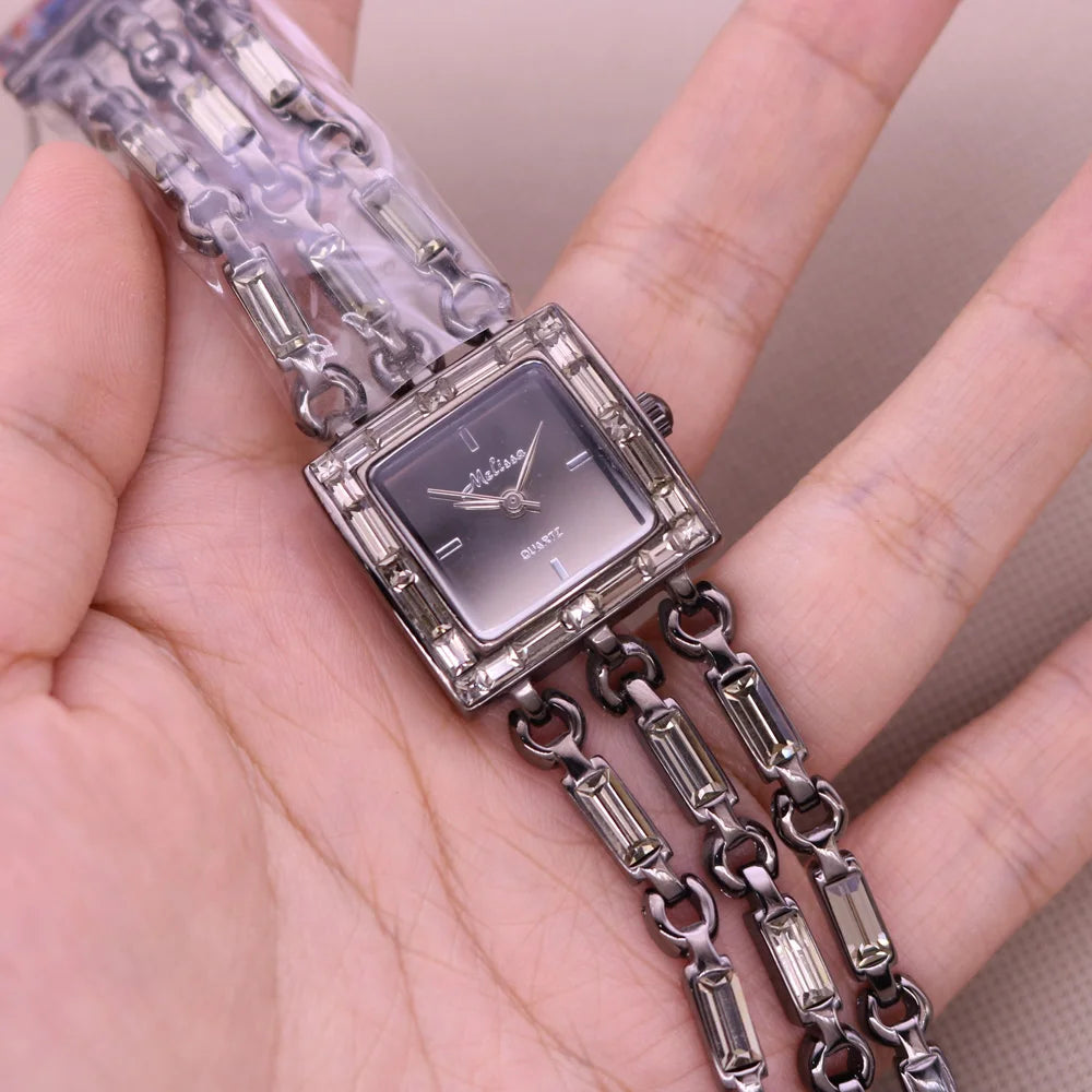 Sale Melissa Luxury Lady Women's Watch Rhinestone Crystal Fashion Hours Bracelet Real Leather Girl Birthday Gift
