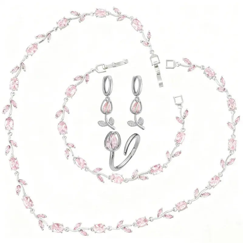 Exquisite Tulip Jewellery Set Includes (Earrings, Necklace, Bracelet, Ring) A Complete Evening Ensemble for the Lady theelegancejewellery