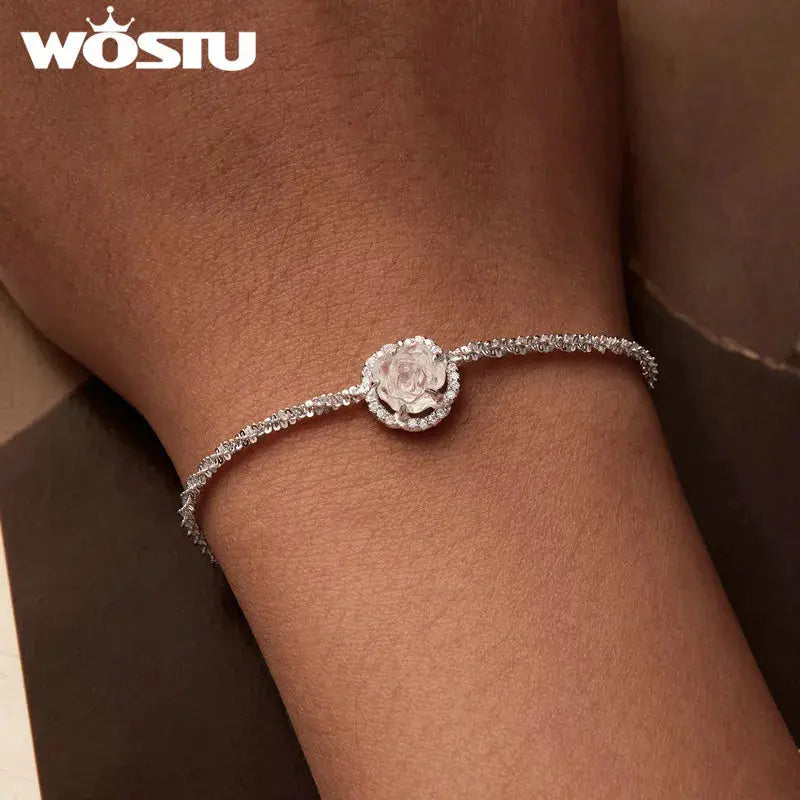 WOSTU 925 Sterling Silver Change Color Flower Link Bracelet Women Romantic Pink Rose Flowers Charm Bracelets Party Jewelry Gift EleganceJewellery
