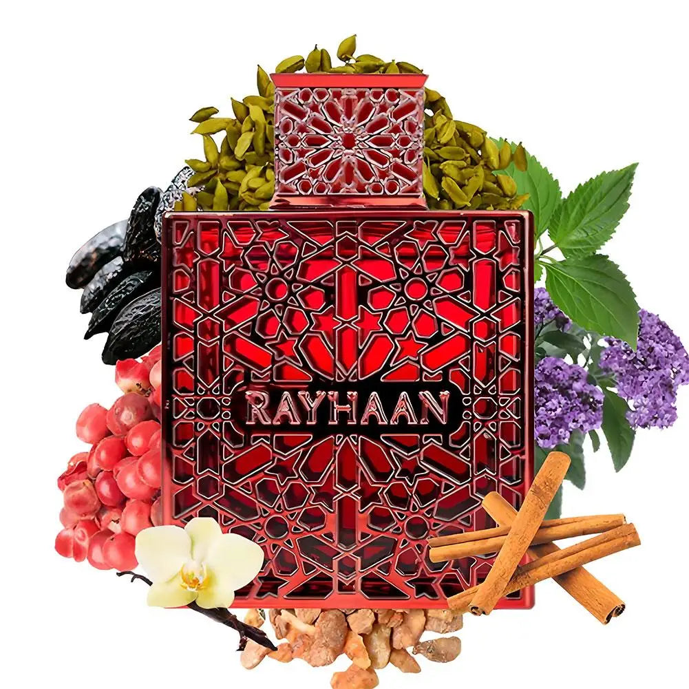Theelegancejewellery Rayhaan Eau De Parfum Luxury Fragrance With Stunning Red/Gold Bottle Exotic Oriental Scent perfume bottle with red and gold geometric design, surrounded by herbs.