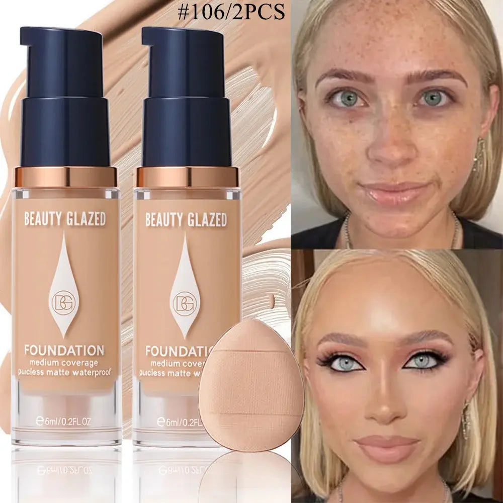 Face Foundation Makeup Set:2 Matte Foundation+1 Puff,Full Coverage,5 Shades,For All Skin Types,Long-Lasting Waterproof,Mini Size theelegancejewellery