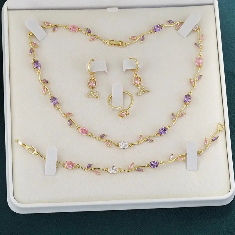 Exquisite Tulip Jewellery Set Includes (Earrings, Necklace, Bracelet, Ring) A Complete Evening Ensemble for the Lady theelegancejewellery