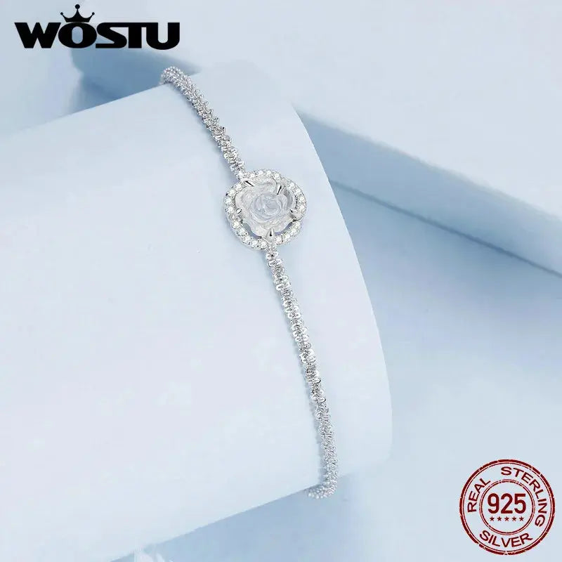 WOSTU 925 Sterling Silver Change Color Flower Link Bracelet Women Romantic Pink Rose Flowers Charm Bracelets Party Jewelry Gift EleganceJewellery