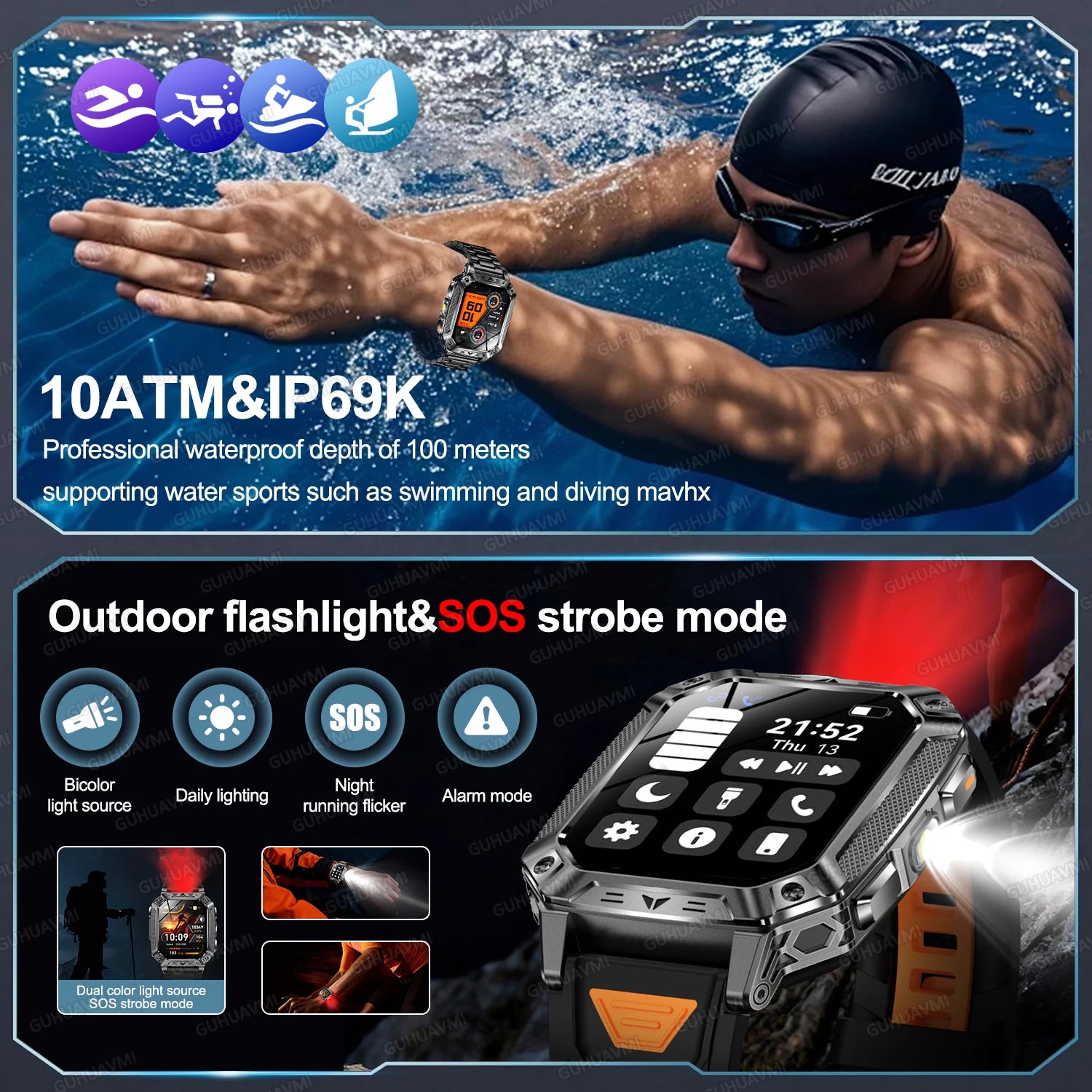 2026 New 1400mAh Big Battery Smart Watch Men Outdoor GPS Flashlight 10ATM Waterproof Bluetooth Call AMOLED HD Sports Smartwatch