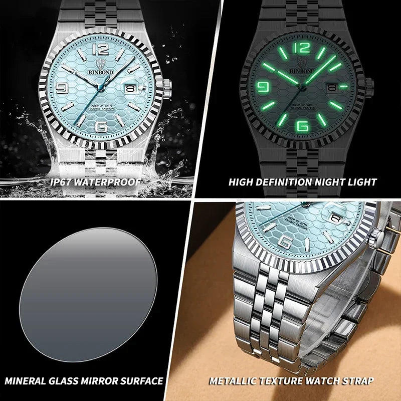 BINBOND Top Business Men's Watches Stainless Steel Textured Luminous Dial Leisure Quartz Watch Waterproof Outdoor Sports Watch