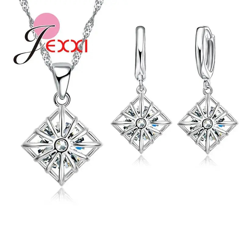 Trendy Women Wedding Jewelry Set 925Sterling Silver Color Color Austrian Crystal Pendant Fashion Necklace + Earrings Set theelegancejewellery