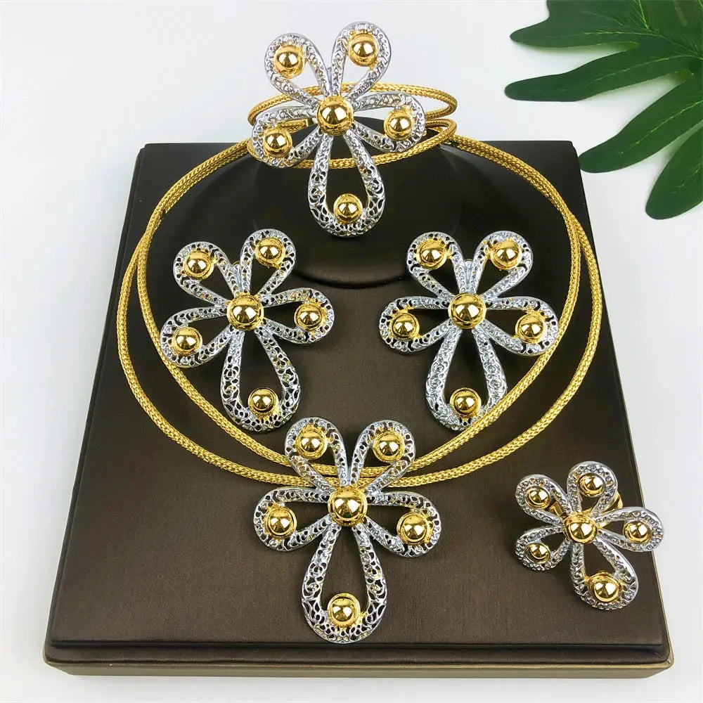 ESALE New Women Jewelry Two Tone Classic Design Necklace Set Flower Earrings Bracelet And Ring Full Set Jewelry Party Trending theelegancejewellery