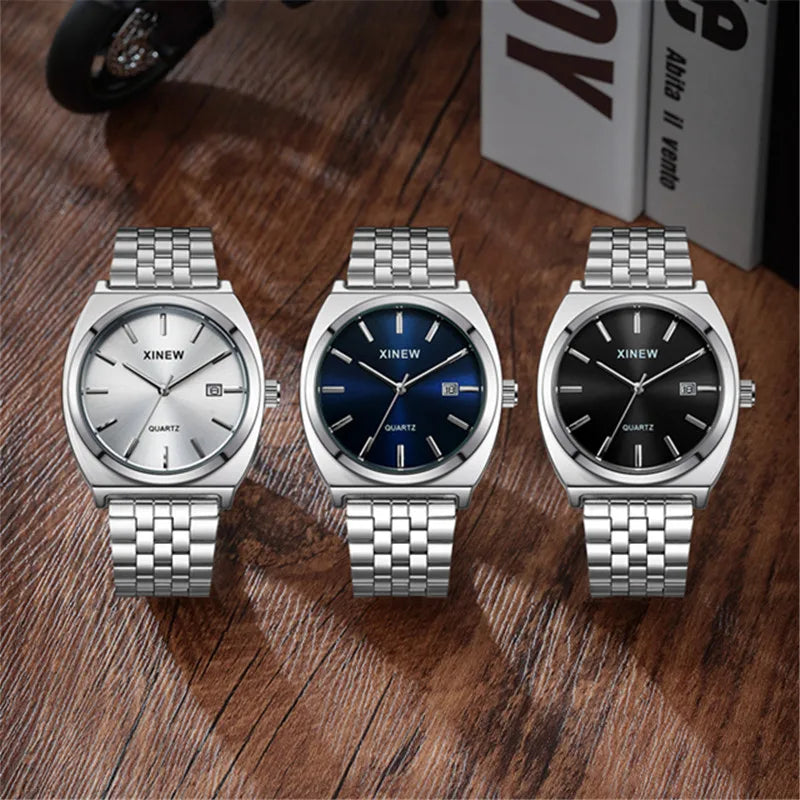 Genuine XINEW Brand Men Watches Silver Students Boys Fashion Full Stainless Steel Band Date Quartz Watch Relogios Masculinos
