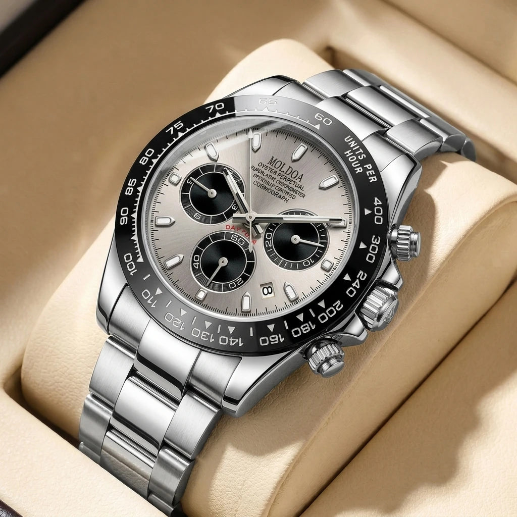 A men's silver and black business-casual niche three-dial calendar watch with a steel strap