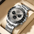 A men's silver and black business-casual niche three-dial calendar watch with a steel strap